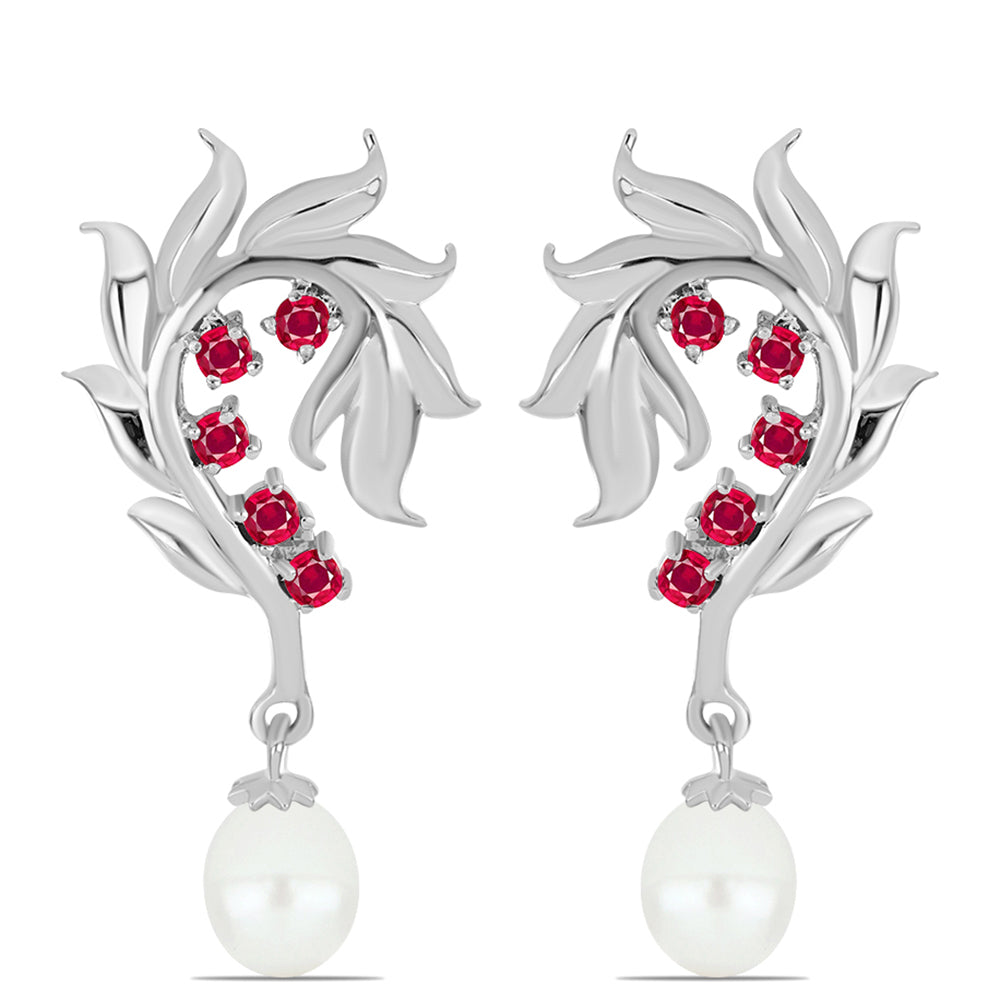 Stříbro 925/1000 - Náušnice s Madagaskarským Rubínem a Bílou Sladkovodní Perlou - Karátové číslo: 4.25. přibližná hmotnost: 5.59 gramů 1 