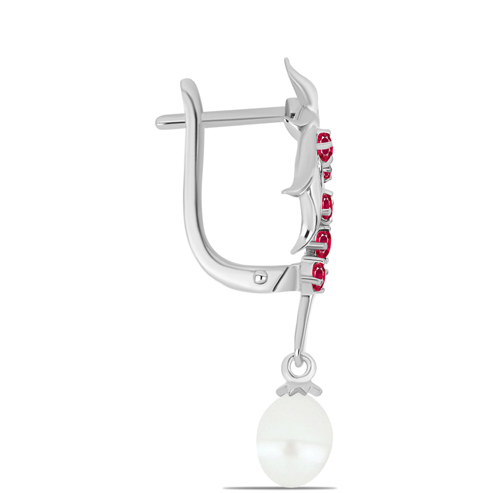 Stříbro 925/1000 - Náušnice s Madagaskarským Rubínem a Bílou Sladkovodní Perlou - Karátové číslo: 4.25. přibližná hmotnost: 5.59 gramů 2 