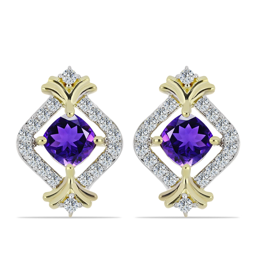 Pozlacené Stříbro 925/1000 - Náušnice s Marockým Ametystem a Bílým Topazem - Karátové číslo: 1.47. přibližná hmotnost: 3.94 gramů