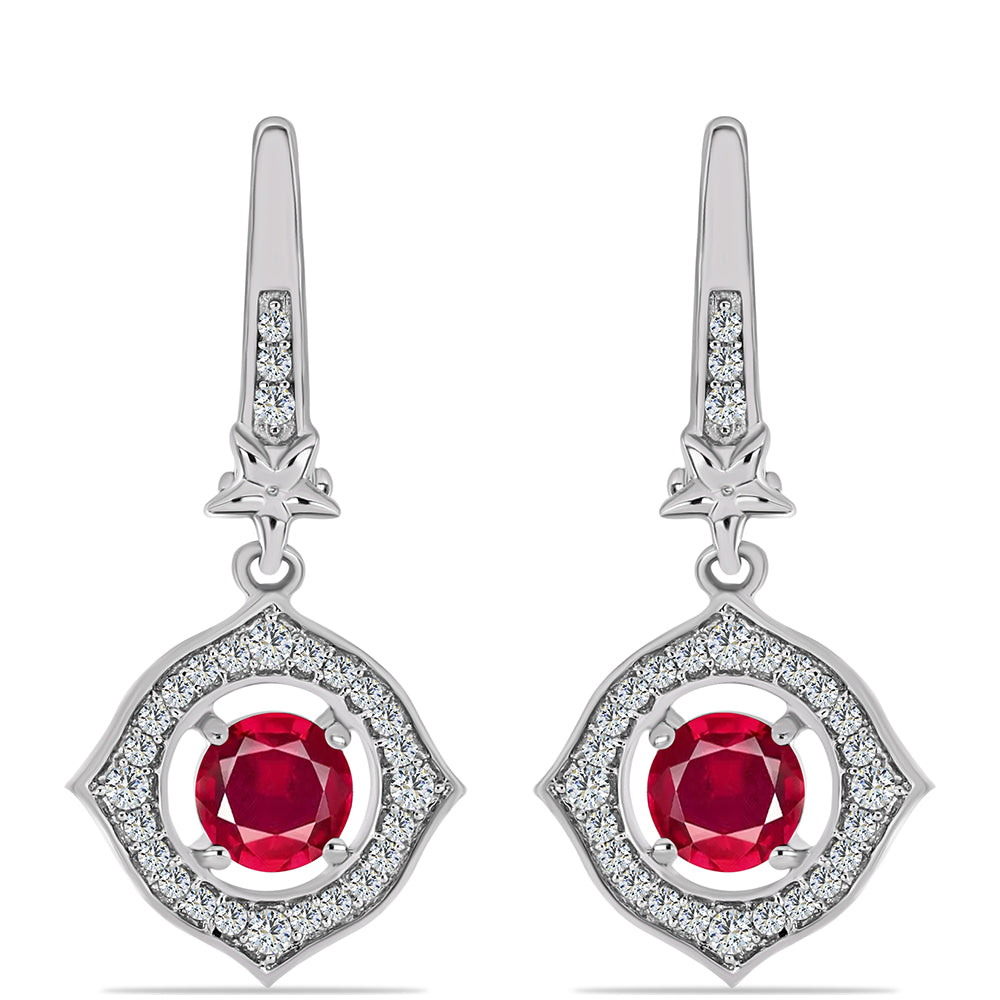 Stříbro 925/1000 - Náušnice s Madagaskarským Rubínem a Bílým Topazem - Karátové číslo: 1.9. přibližná hmotnost: 4.68 gramů