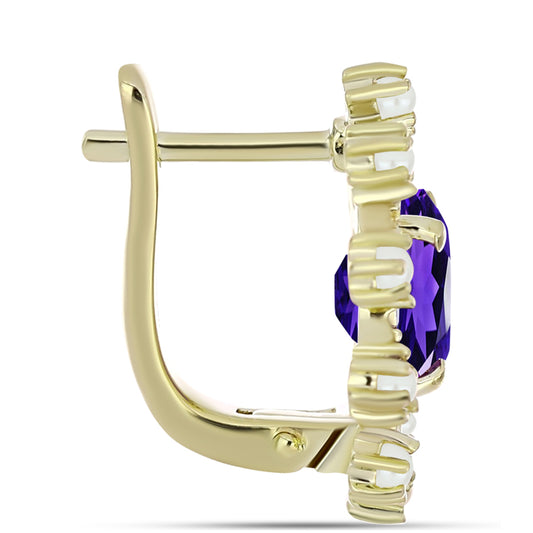 Pozlacené stříbro 925/1000 Náušnice s Marockým Ametystem a Bílou Sladkovodní Perlou - Karátové číslo: 3.11. přibližná hmotnost: 5.44 gramů