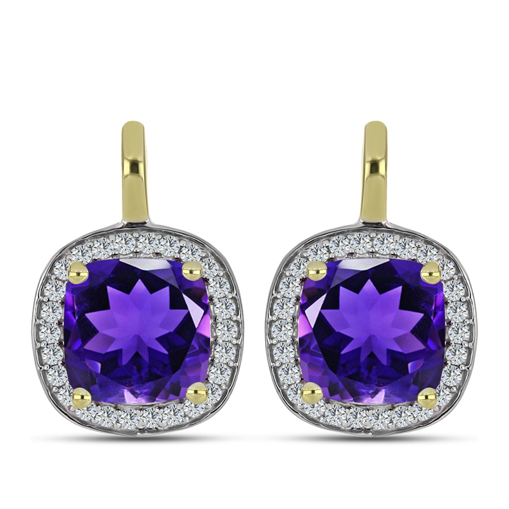 Pozlacené Stříbro 925/1000 - Náušnice s Marockým Ametystem a Bílým Topazem - Karátové číslo: 4.23. přibližná hmotnost: 4.62 gramů