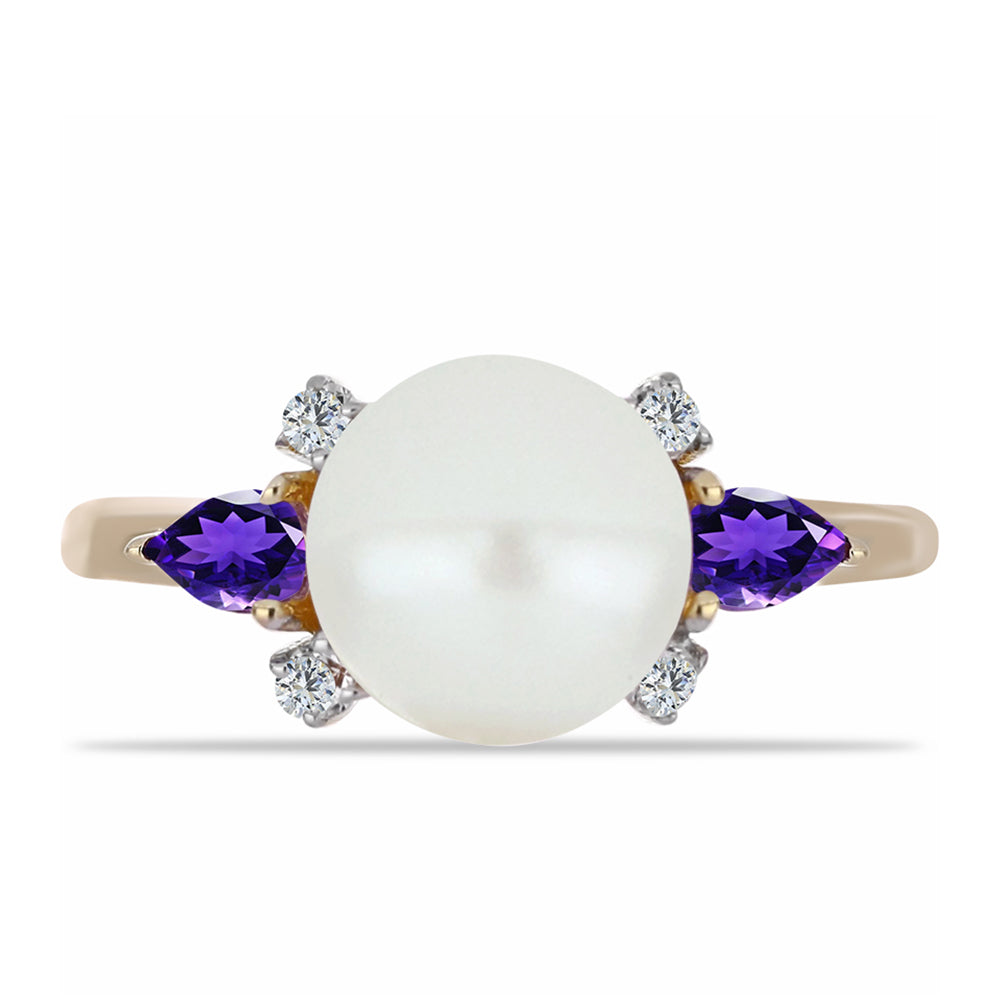 Pozlacené Stříbro 925/1000 - Prsten s Marockým Ametystem a Bílou Sladkovodní Perlou - Karátové číslo: 5.69. přibližná hmotnost: 3.82 gramů 1 