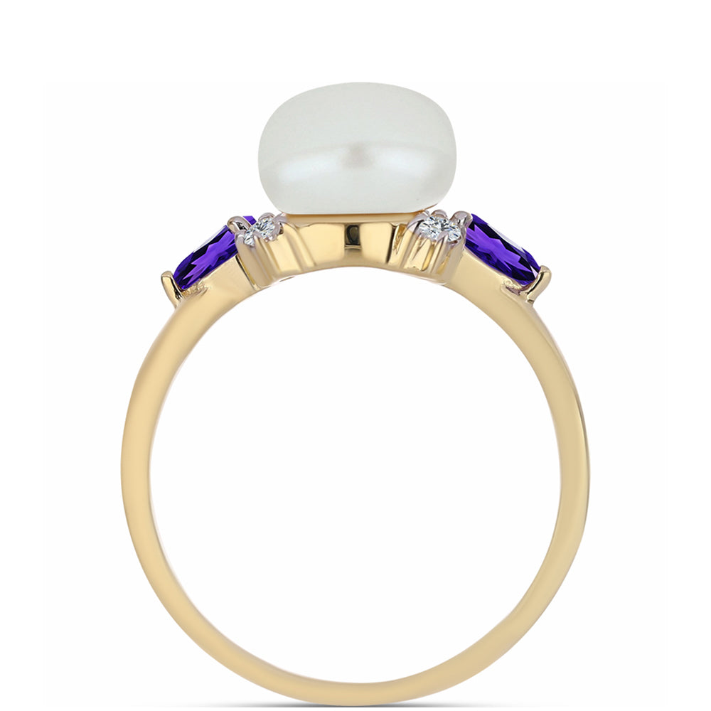 Pozlacené Stříbro 925/1000 - Prsten s Marockým Ametystem a Bílou Sladkovodní Perlou - Karátové číslo: 5.69. přibližná hmotnost: 3.82 gramů