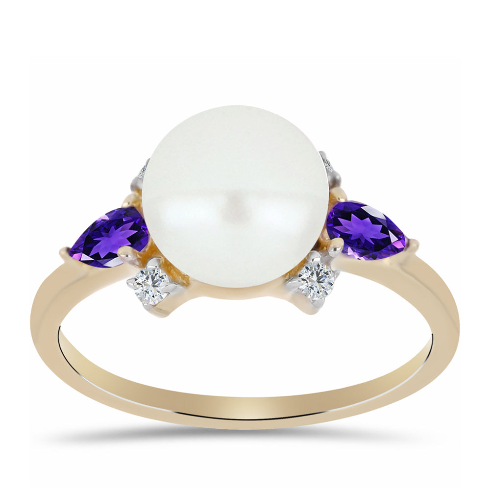 Pozlacené Stříbro 925/1000 - Prsten s Marockým Ametystem a Bílou Sladkovodní Perlou - Karátové číslo: 5.69. přibližná hmotnost: 3.82 gramů
