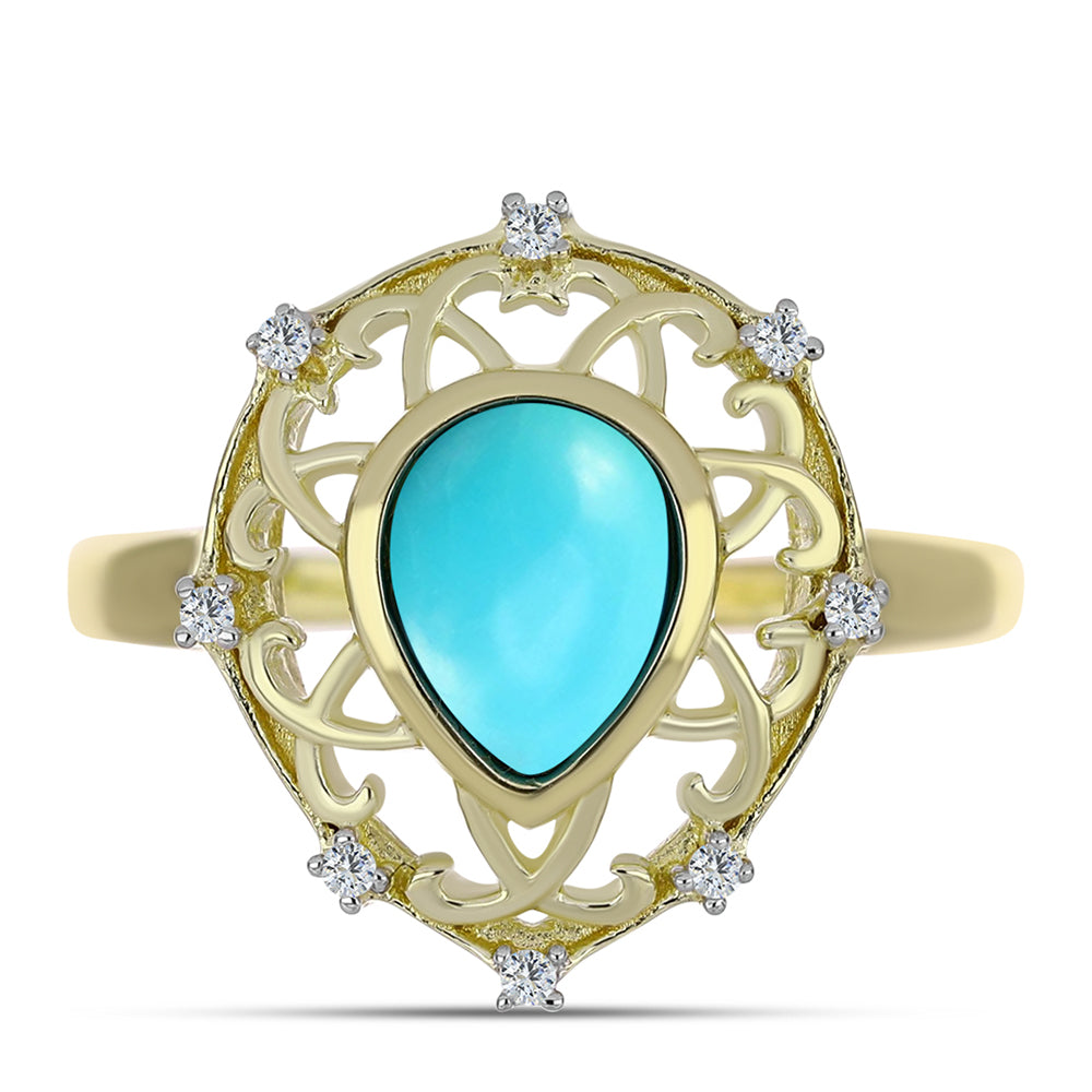 Pozlacené Stříbro 925/1000 - Prsten s Tyrkysem Sleeping Beauty a Bílým Topazem - Karátové číslo: 1.17. přibližná hmotnost: 3.53 gramů 1 