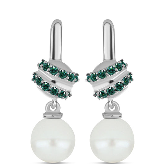 Stříbrné Náušnice s Zelenkavý mořsky modrý Moissanitem a Bílou Sladkovodní Perlou