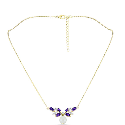Pozlacený Stříbrný Náhrdelník s Marockým Ametystem a Bílou Sladkovodní Perlou