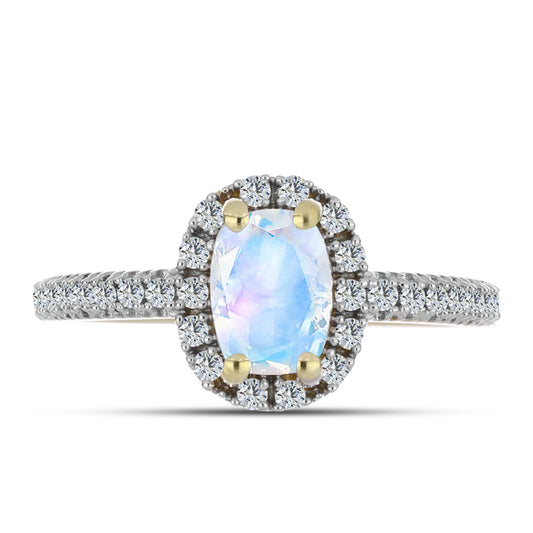 Pozlacené stříbro 925/1000 Prsten s Duhovým Měsíčním Kamenem a Bílým Topazem - Karátové číslo: 1.05. přibližná hmotnost: 2.76 gramů