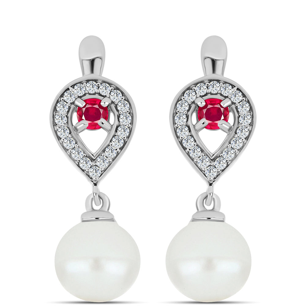 Stříbro 925/1000 - Náušnice s Madagaskarským Rubínem a Bílou Sladkovodní Perlou - Karátové číslo: 7.36. přibližná hmotnost: 4.63 gramů 1 
