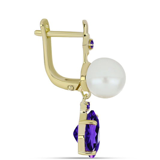 Pozlacené Stříbro 925/1000 - Náušnice s Marockým Ametystem a Bílou Sladkovodní Perlou - Karátové číslo: 10.69. přibližná hmotnost: 4.9 gramů