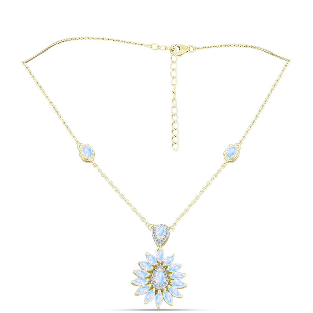 Pozlacené stříbro 925/1000 Náhrdelník s Duhovým Měsíčním Kamenem - Karátové číslo: 3.35. přibližná hmotnost: 6.43 gramů 1 