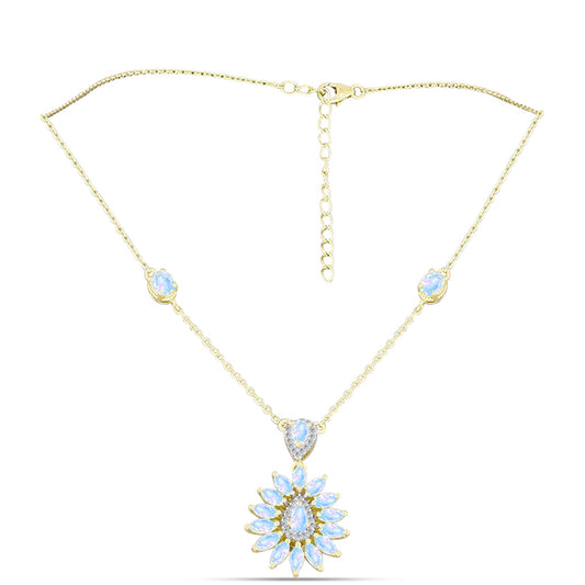 Pozlacené stříbro 925/1000 Náhrdelník s Duhovým Měsíčním Kamenem - Karátové číslo: 3.35. přibližná hmotnost: 6.43 gramů