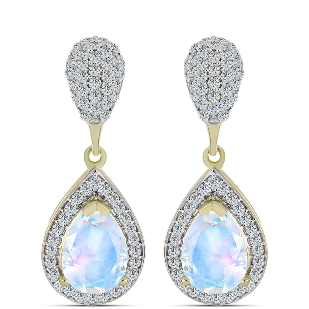 Pozlacené stříbro 925/1000 Náušnice s Duhovým Měsíčním Kamenem a Bílým Topazem - Karátové číslo: 4.56. přibližná hmotnost: 5.42 gramů