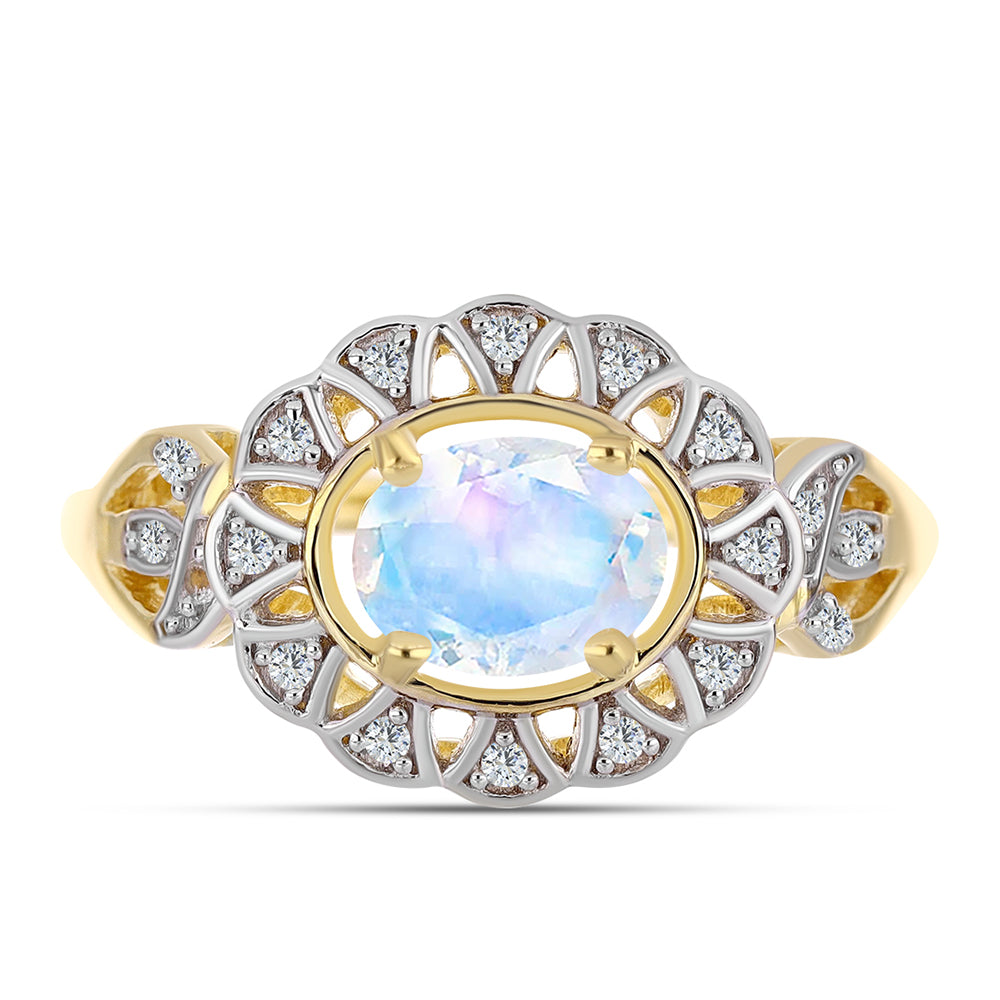 Pozlacené stříbro 925/1000 Prsten s Duhovým Měsíčním Kamenem a Bílým Topazem - Karátové číslo: 1.23. přibližná hmotnost: 3.76 gramů 1 