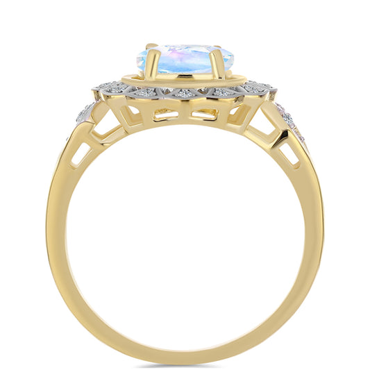 Pozlacené stříbro 925/1000 Prsten s Duhovým Měsíčním Kamenem a Bílým Topazem - Karátové číslo: 1.23. přibližná hmotnost: 3.76 gramů