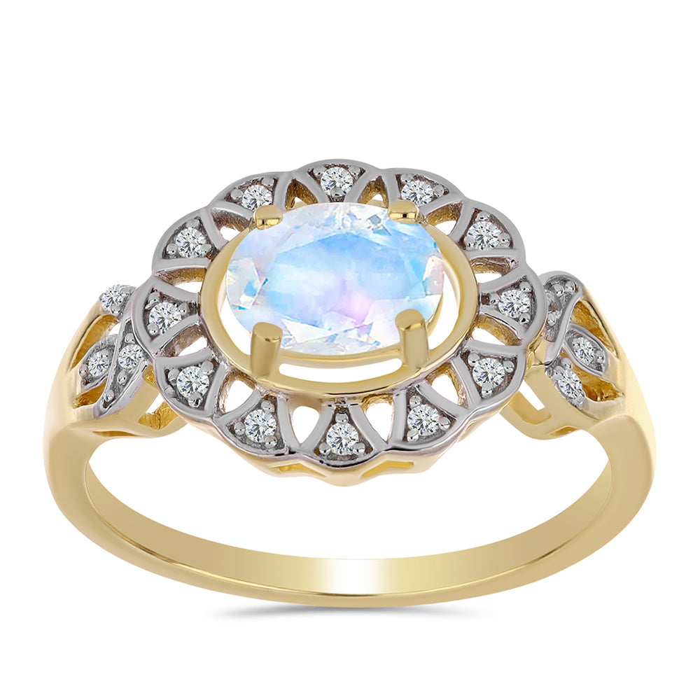 Pozlacené stříbro 925/1000 Prsten s Duhovým Měsíčním Kamenem a Bílým Topazem - Karátové číslo: 1.23. přibližná hmotnost: 3.76 gramů 3 