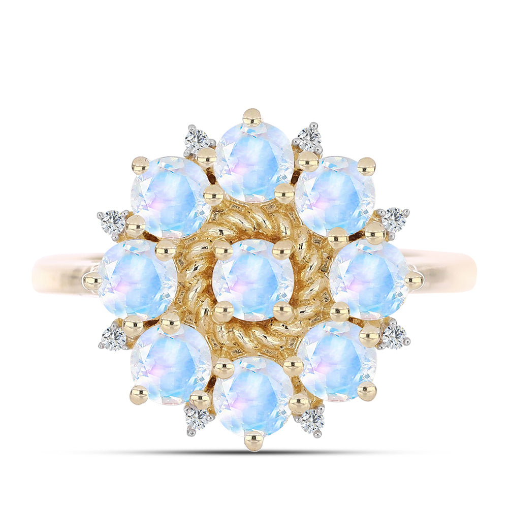 Pozlacené stříbro 925/1000 Prsten s Duhovým Měsíčním Kamenem a Bílým Topazem - Karátové číslo: 2.38. přibližná hmotnost: 4.32 gramů