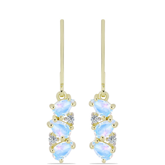 Pozlacené stříbro 925/1000 Náušnice s Duhovým Měsíčním Kamenem a Bílým Topazem - Karátové číslo: 1.41. přibližná hmotnost: 2.57 gramů