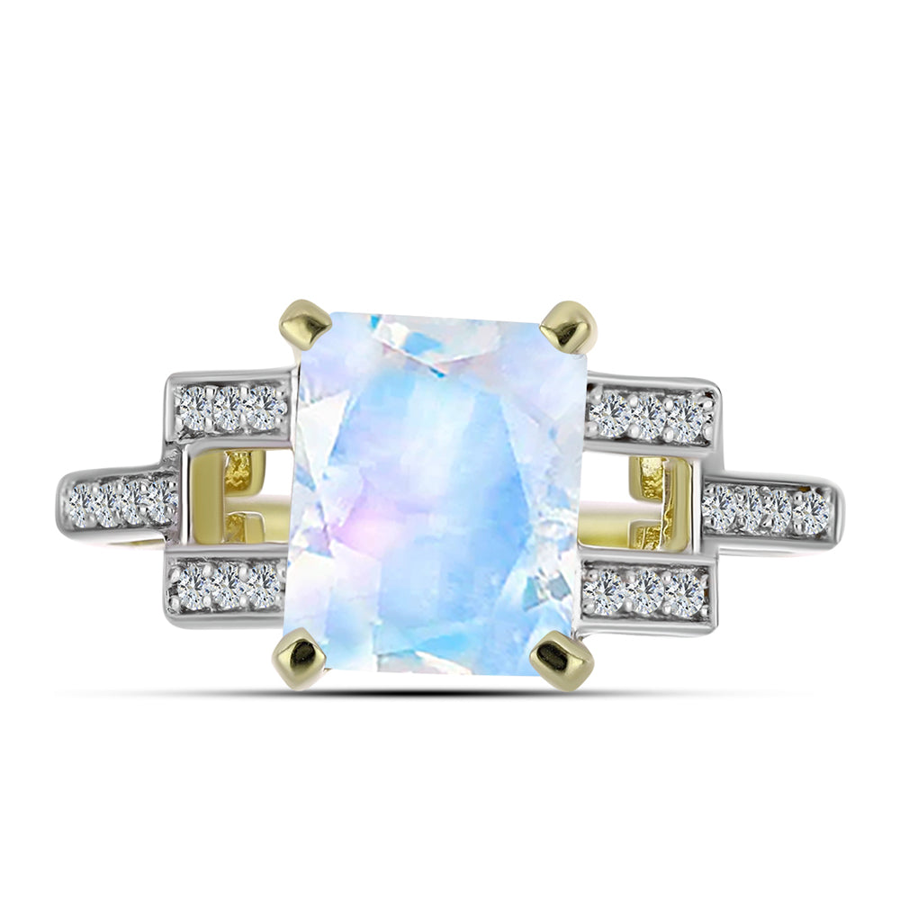 Pozlacené stříbro 925/1000 Prsten s Duhovým Měsíčním Kamenem a Bílým Topazem - Karátové číslo: 3.01. přibližná hmotnost: 3.75 gramů 1 