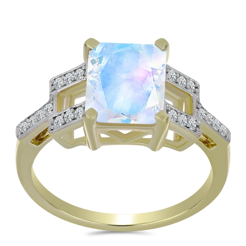 Pozlacené stříbro 925/1000 Prsten s Duhovým Měsíčním Kamenem a Bílým Topazem - Karátové číslo: 3.01. přibližná hmotnost: 3.75 gramů