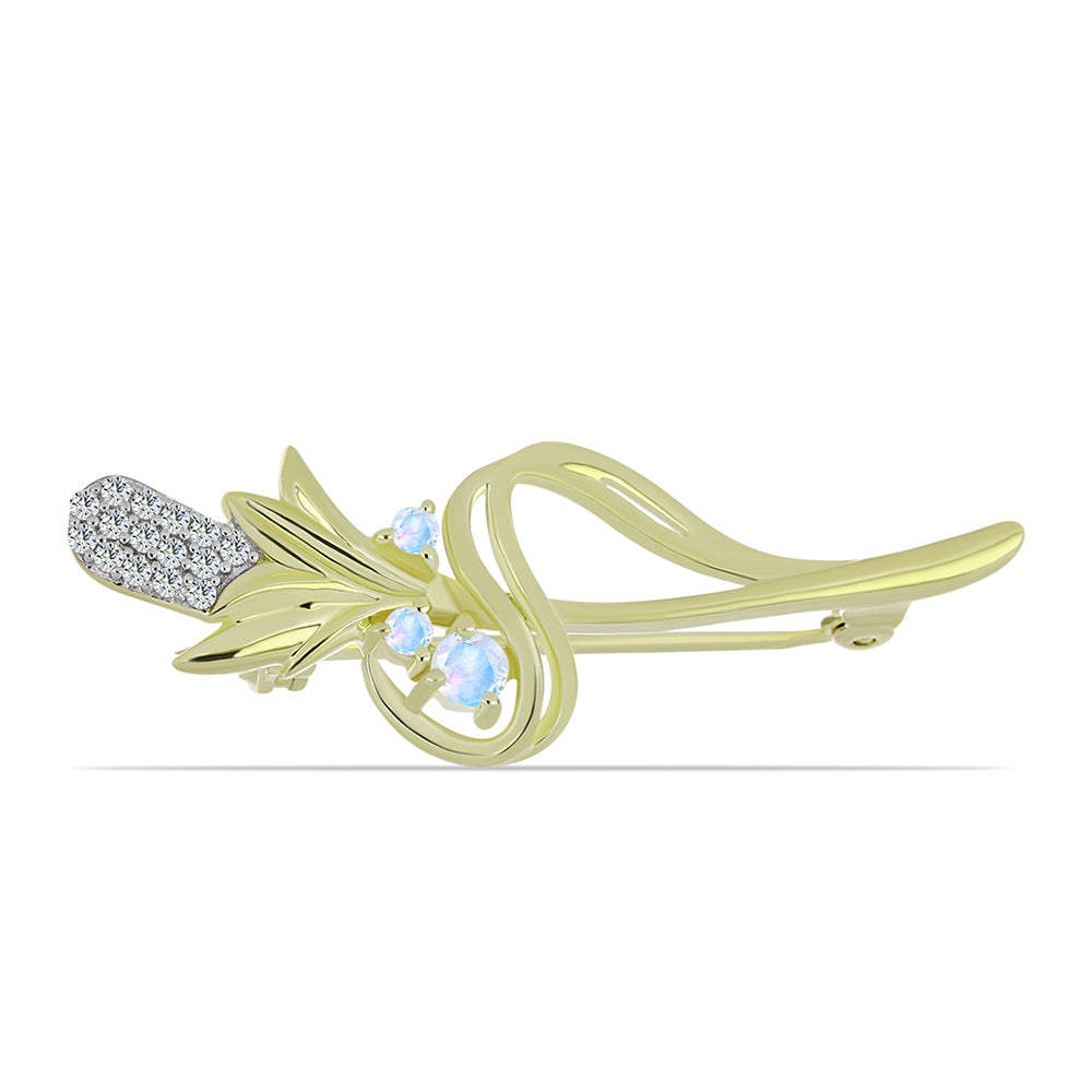 Pozlacené Stříbro 925/1000 - Brož s Duhovým Měsíčním Kamenem - Karátové číslo: 0.32. přibližná hmotnost: 3.24 gramů