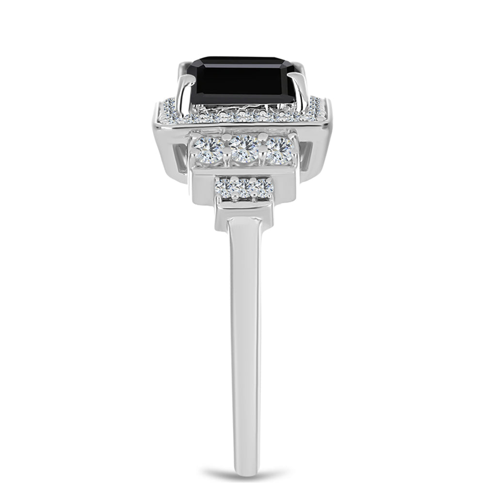 Stříbro 925/1000 - Prsten s Obsidiánem a Bílým Topazem - Karátové číslo: 1.95. přibližná hmotnost: 3.9 gramů