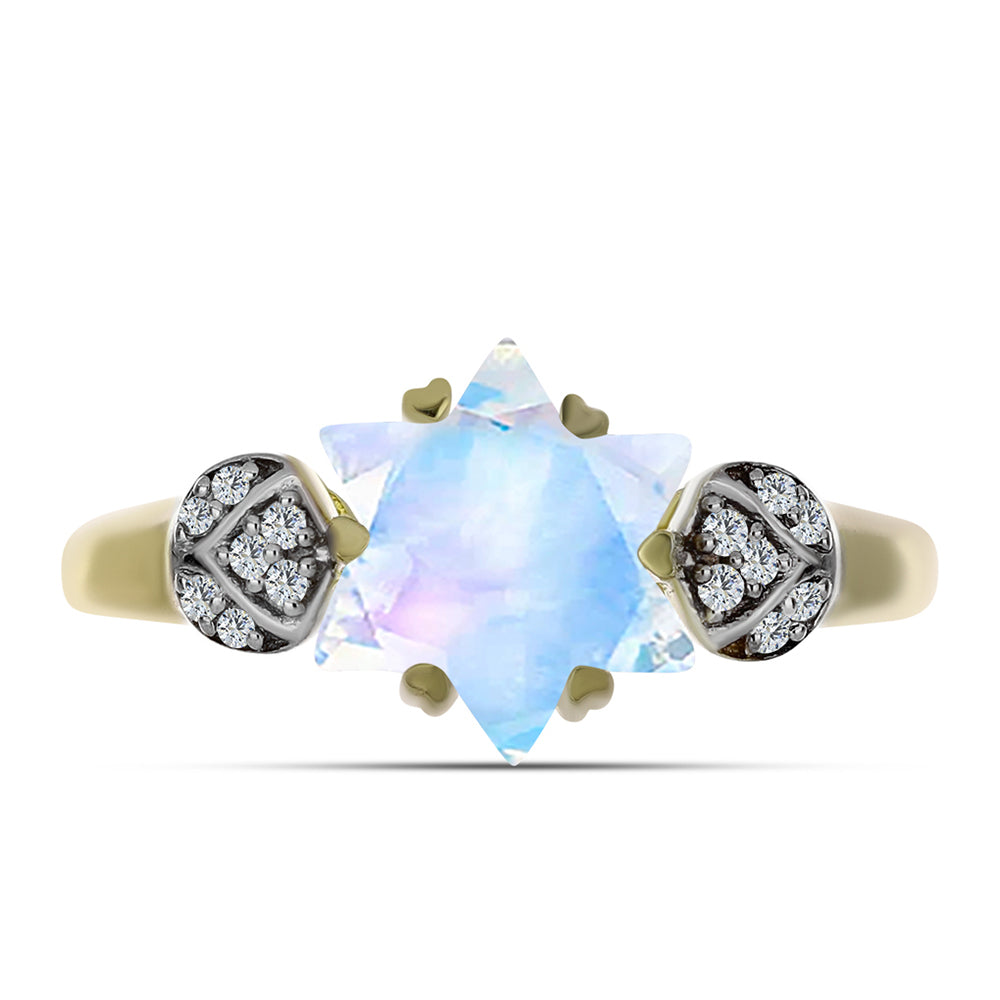 Pozlacené Stříbro 925/1000 - Prsten s Duhovým Měsíčním Kamenem a Bílým Topazem - Karátové číslo: 2.6. přibližná hmotnost: 3.02 gramů