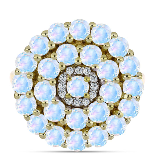 Pozlacené stříbro 925/1000 Prsten s Duhovým Měsíčním Kamenem a Bílým Topazem - Karátové číslo: 2.94. přibližná hmotnost: 5.3 gramů