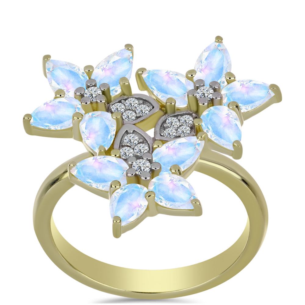 Pozlacené Stříbro 925/1000 - Prsten s Duhovým Měsíčním Kamenem a Bílým Topazem - Karátové číslo: 2.76. přibližná hmotnost: 4.31 gramů 3 