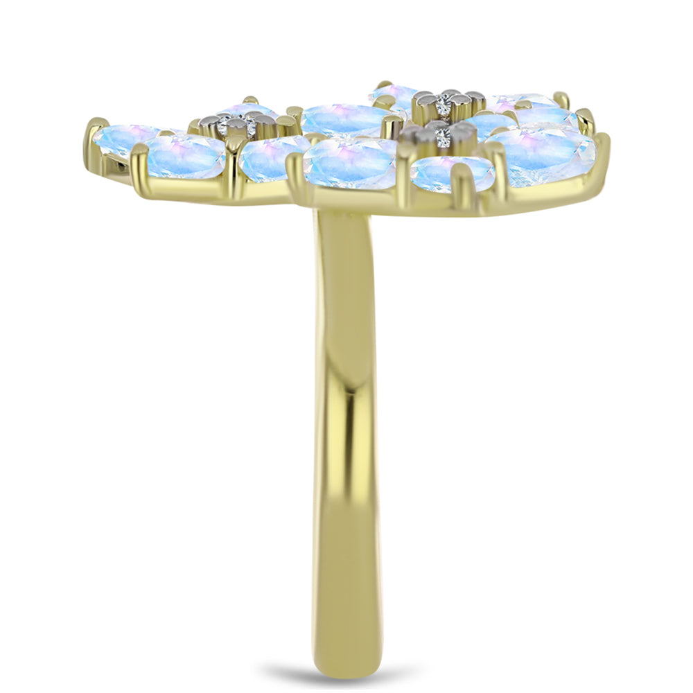 Pozlacené Stříbro 925/1000 - Prsten s Duhovým Měsíčním Kamenem a Bílým Topazem - Karátové číslo: 2.76. přibližná hmotnost: 4.31 gramů