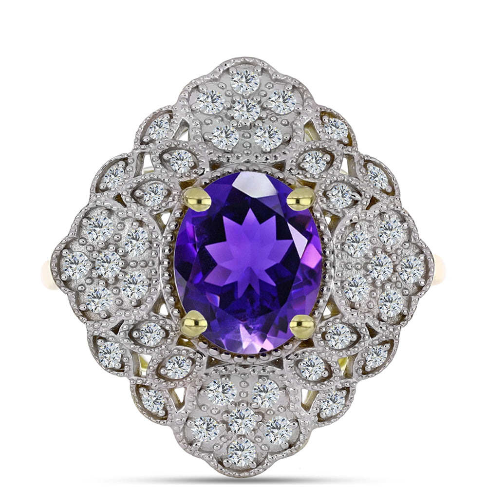 Pozlacené Stříbro 925/1000 - Prsten s Marockým Ametystem a Bílým Topazem - Karátové číslo: 2.98. přibližná hmotnost: 5.25 gramů