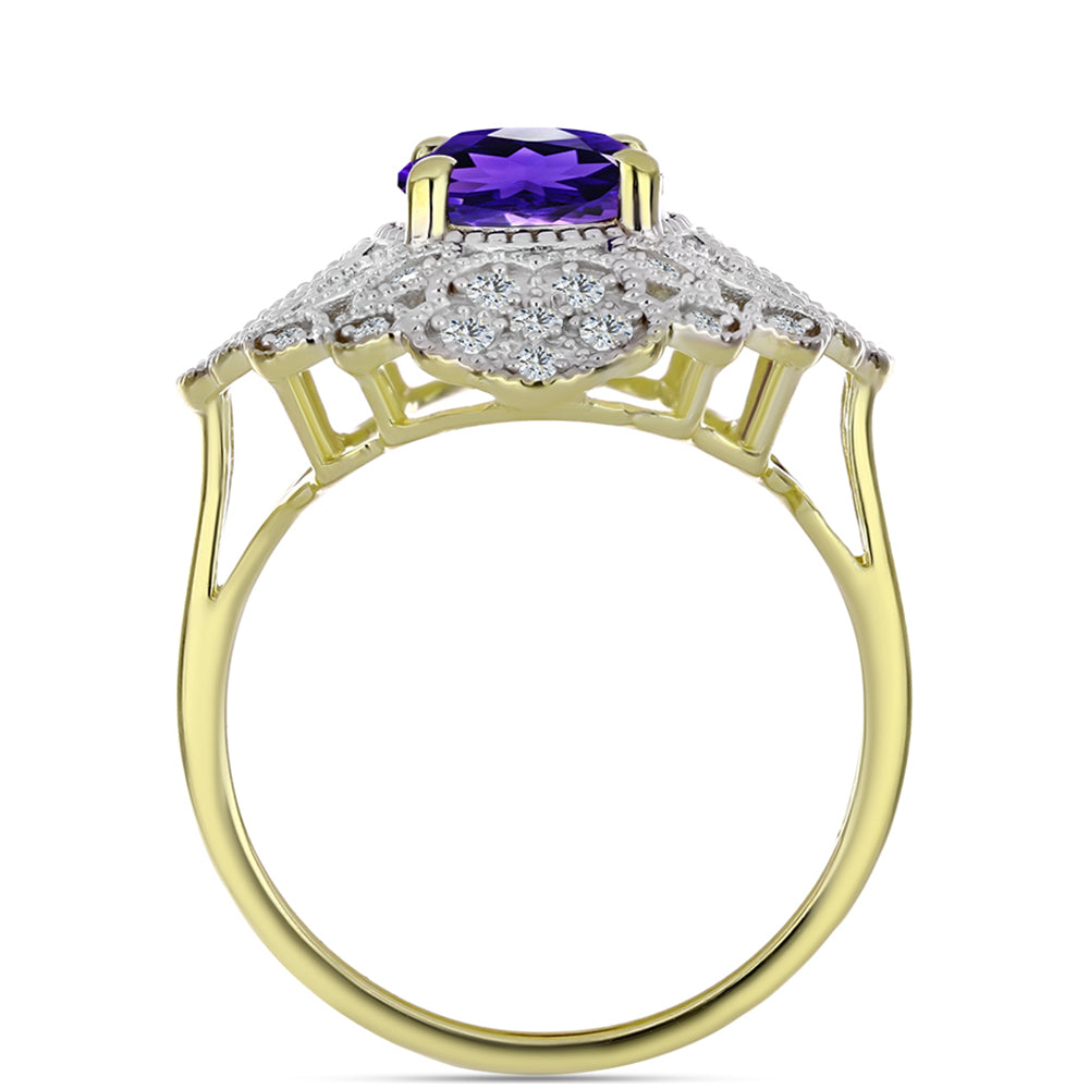 Pozlacené Stříbro 925/1000 - Prsten s Marockým Ametystem a Bílým Topazem - Karátové číslo: 2.98. přibližná hmotnost: 5.25 gramů 2 