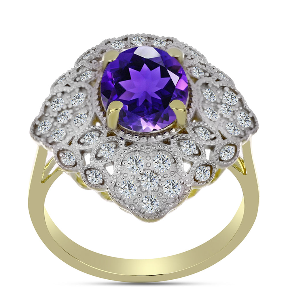 Pozlacené Stříbro 925/1000 - Prsten s Marockým Ametystem a Bílým Topazem - Karátové číslo: 2.98. přibližná hmotnost: 5.25 gramů 3 