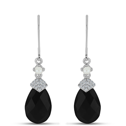 Stříbrné Náušnice s Obsidiánem a Bílou Sladkovodní Perlou