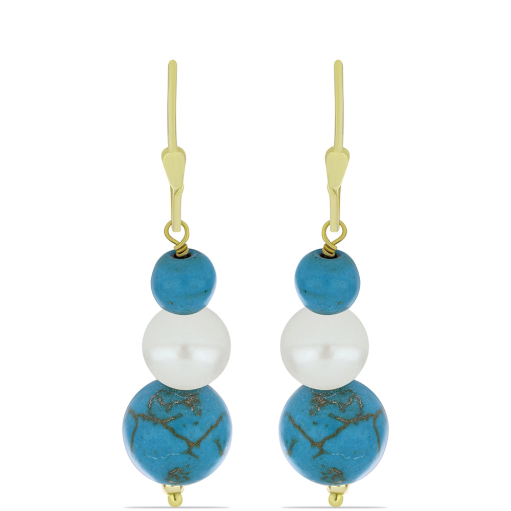 Pozlacené Stříbro 925/1000 - Náušnice s Tyrkysem Sleeping Beauty a Bílou Sladkovodní Perlou - Karátové číslo: 20.05. přibližná hmotnost: 5.01 gramů 1 