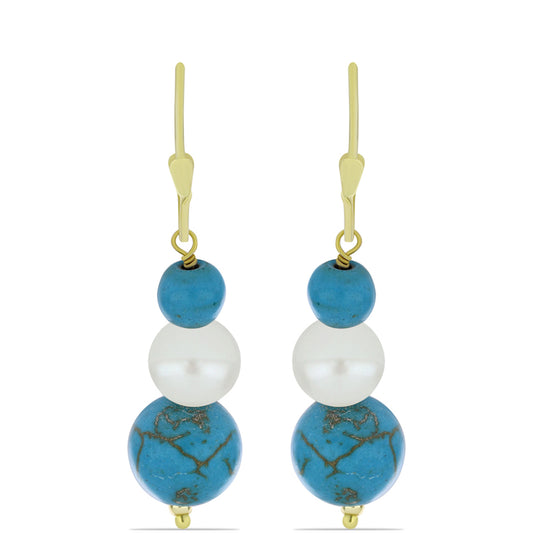 Pozlacené Stříbro 925/1000 - Náušnice s Tyrkysem Sleeping Beauty a Bílou Sladkovodní Perlou - Karátové číslo: 20.05. přibližná hmotnost: 5.01 gramů