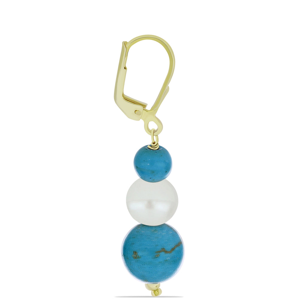 Pozlacené Stříbro 925/1000 - Náušnice s Tyrkysem Sleeping Beauty a Bílou Sladkovodní Perlou - Karátové číslo: 20.05. přibližná hmotnost: 5.01 gramů 2 