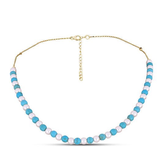 Pozlacený Stříbrný Náhrdelník s Tyrkysem Sleeping Beauty a Bílou Sladkovodní Perlou