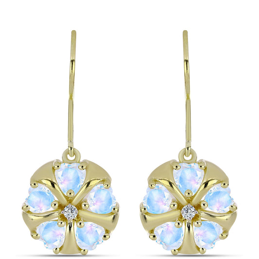 Pozlacené stříbro 925/1000 Náušnice s Duhovým Měsíčním Kamenem a Bílým Topazem - Karátové číslo: 2.29. přibližná hmotnost: 4.63 gramů