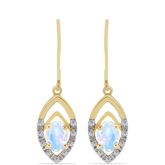 Pozlacené Stříbro 925/1000 - Náušnice s Duhovým Měsíčním Kamenem a Bílým Topazem - Karátové číslo: 1.71. přibližná hmotnost: 3.06 gramů