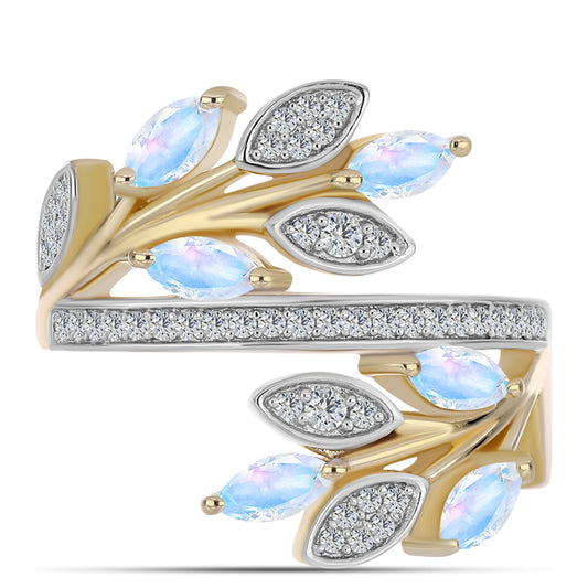 Pozlacené Stříbro 925/1000 - Prsten s Duhovým Měsíčním Kamenem a Bílým Topazem - Karátové číslo: 1.25. přibližná hmotnost: 5.48 gramů