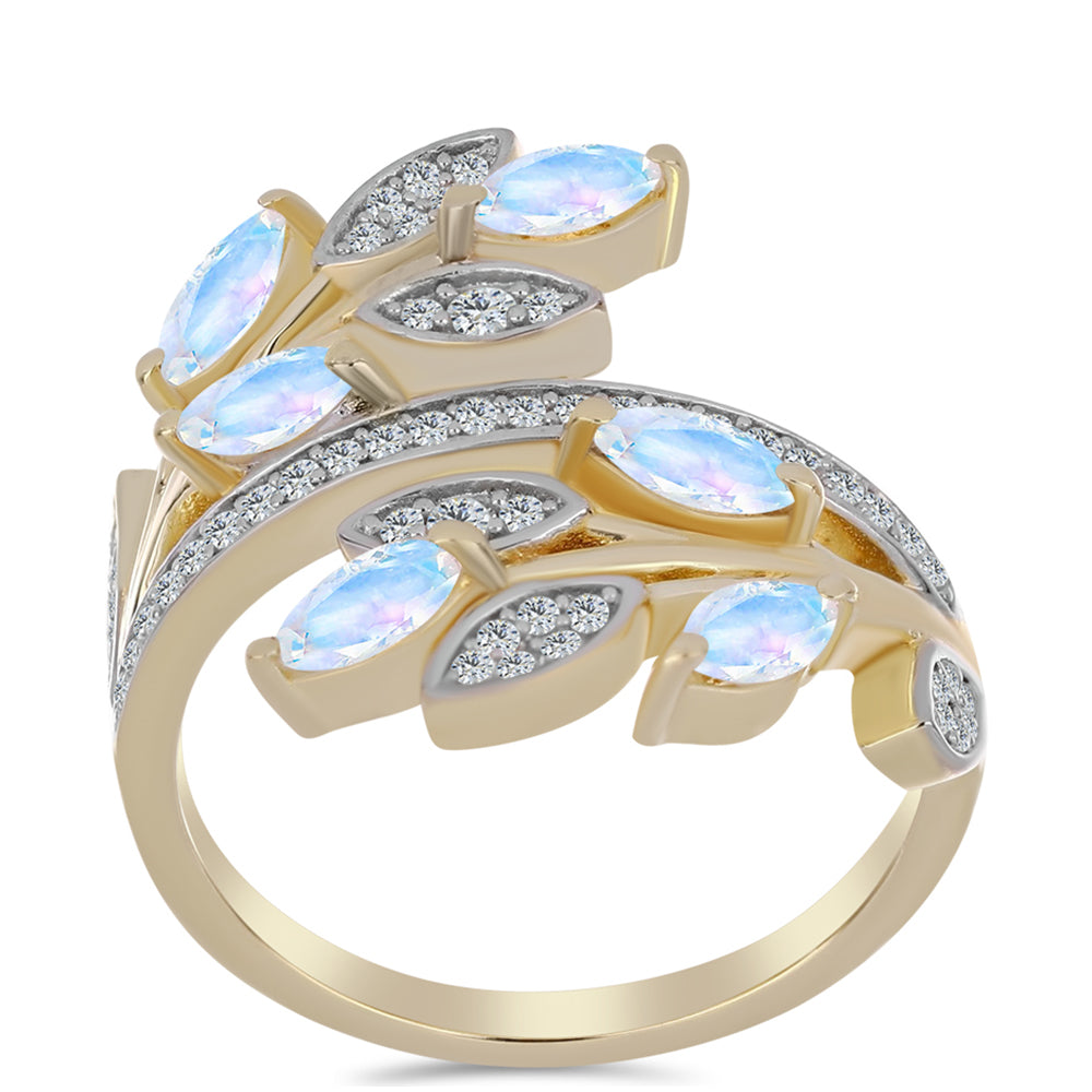 Pozlacené Stříbro 925/1000 - Prsten s Duhovým Měsíčním Kamenem a Bílým Topazem - Karátové číslo: 1.25. přibližná hmotnost: 5.48 gramů 3 