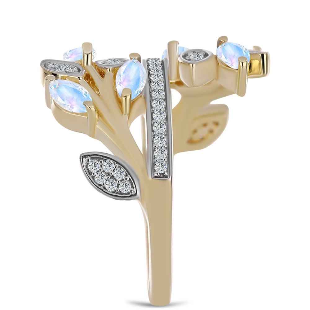 Pozlacené Stříbro 925/1000 - Prsten s Duhovým Měsíčním Kamenem a Bílým Topazem - Karátové číslo: 1.25. přibližná hmotnost: 5.48 gramů