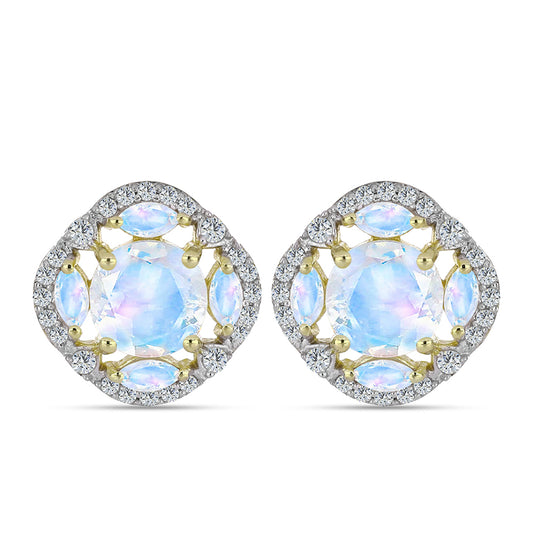 Pozlacené stříbro 925/1000 Náušnice s Duhovým Měsíčním Kamenem - Karátové číslo: 3.55. přibližná hmotnost: 5.04 gramů