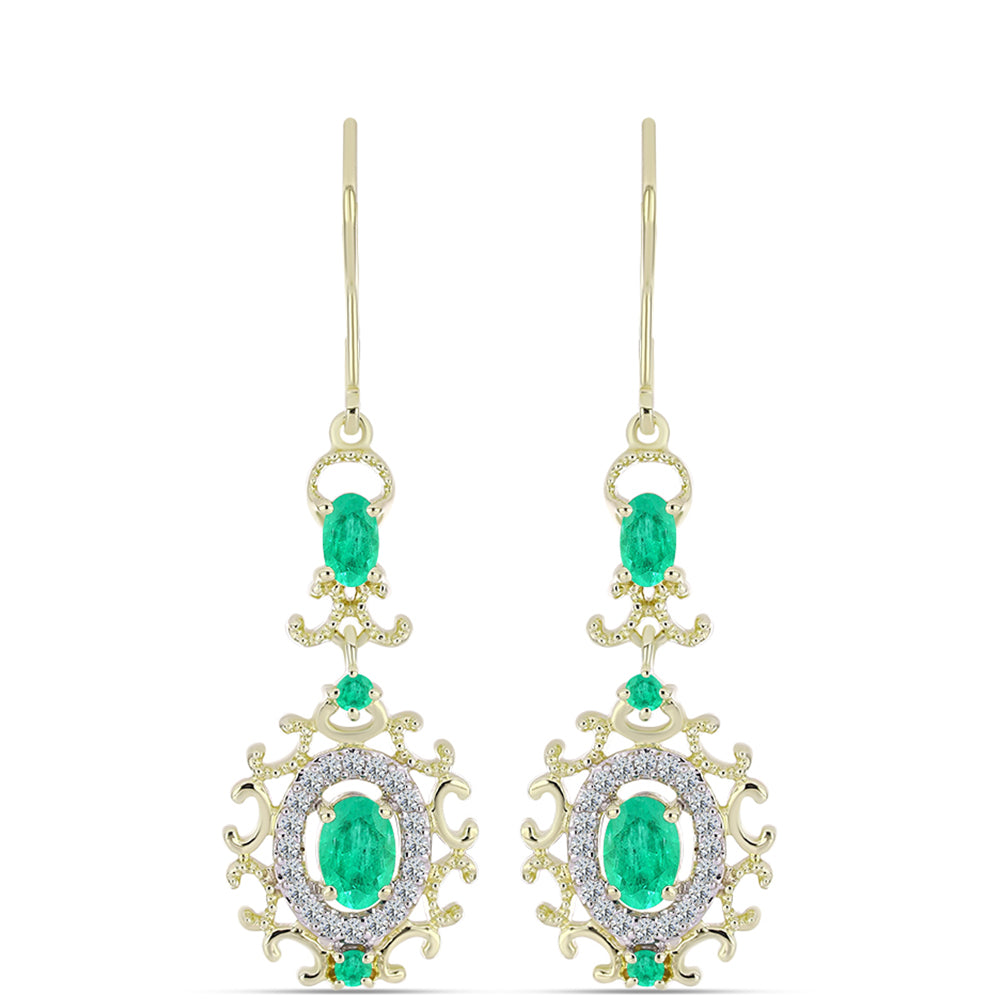 Pozlacené Stříbro 925/1000 - Náušnice s Kolumbijským Smaragdem a Bílým Diamantem - Karátové číslo: 1.67. přibližná hmotnost: 4.46 gramů