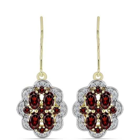 Pozlacené stříbro 925/1000 Náušnice s Bartonským Granátem a Bílým Topazem - Karátové číslo: 3.43. přibližná hmotnost: 4.75 gramů