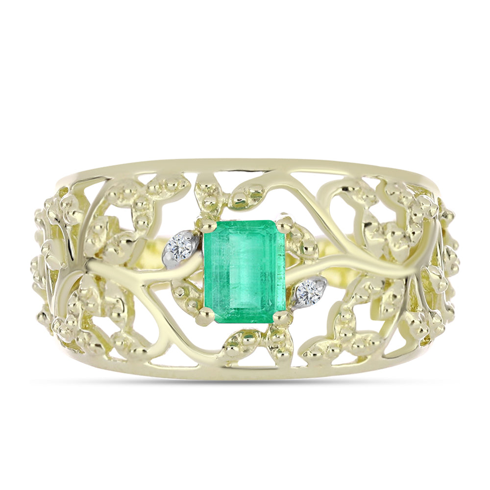 Pozlacené Stříbro 925/1000 - Prsten s Kolumbijským Smaragdem a Bílým Diamantem - Karátové číslo: 0.42. přibližná hmotnost: 3.28 gramů