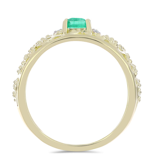 Pozlacené Stříbro 925/1000 - Prsten s Kolumbijským Smaragdem a Bílým Diamantem - Karátové číslo: 0.42. přibližná hmotnost: 3.28 gramů