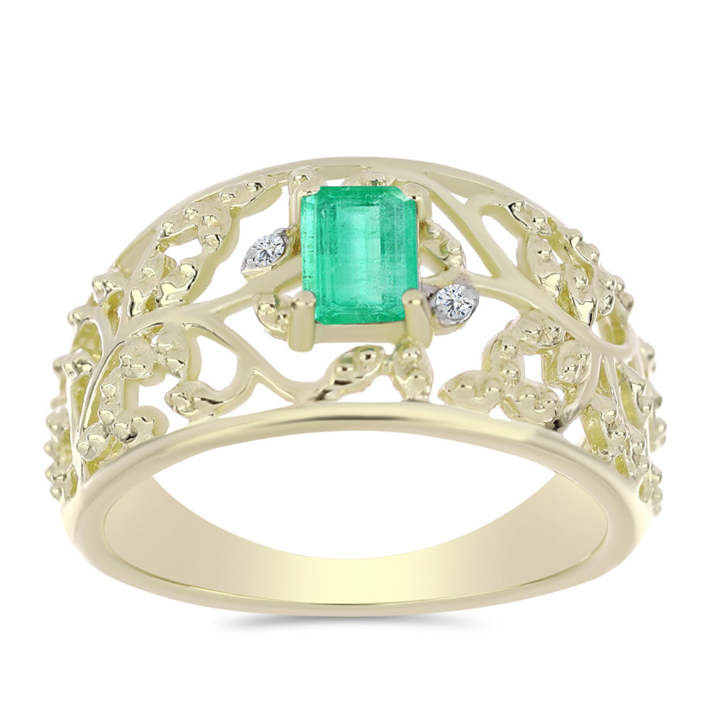 Pozlacené Stříbro 925/1000 - Prsten s Kolumbijským Smaragdem a Bílým Diamantem - Karátové číslo: 0.42. přibližná hmotnost: 3.28 gramů